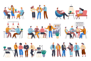 Wall Mural - Business meeting of entrepreneurs and workers. People in office discussing plans and strategies of company. Business team working in office sitting by tables and listening to presentation. Teamwork