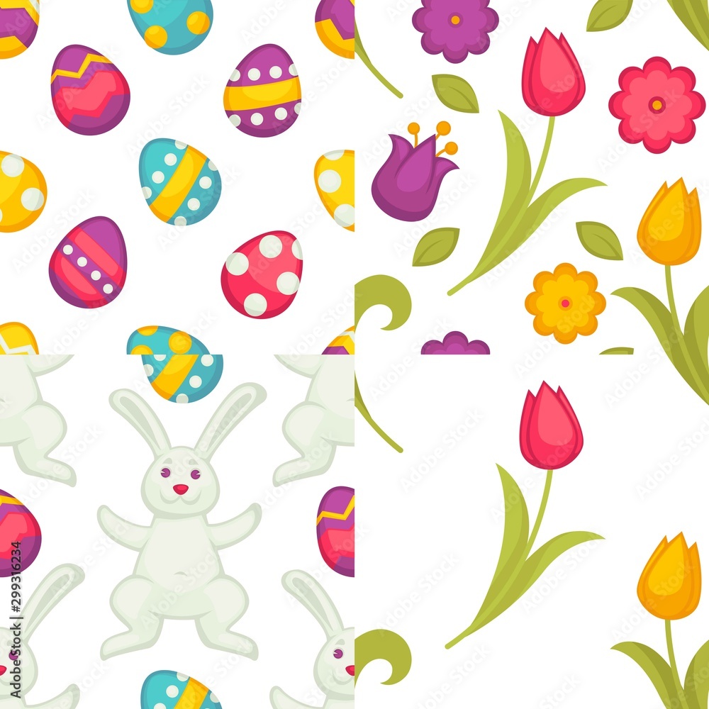 Eggs and flowers Easter seamless patterns spring holiday vector - obrazy, fototapety, plakaty 