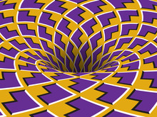 Rotating Hole Of Moving Purple Yellow Arrows Ornament. Vector Optical Illusion Background.
