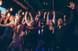 © deagreez - Crowd of cheerful company students want celebrate university high-school graduation go nightclub enjoy fest dance party like wild wearing formalwear dress skirt in discotheque