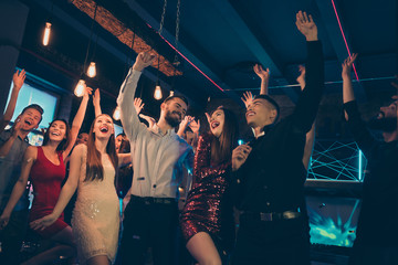 Poster - Low below angle view photo of crazy ecstatic excited cheerful people dressed in formalwear rejoicing with having fun together in good company