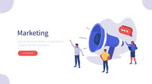 People Use Big Loudspeaker To Communicate With Audience. PR Agency Team Work On Social Media Promotion. Public Relation, Digital Marketing And Media Concept. Flat Isometric Vector Illustration.