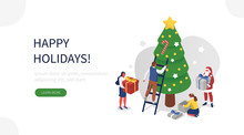 People Characters And Santa Claus Decorating Christmas Tree, Preparing Gift Boxes And Celebrating Winter Holidays. Merry Christmas And Happy New Year Concept. Flat Isometric Vector Illustration.