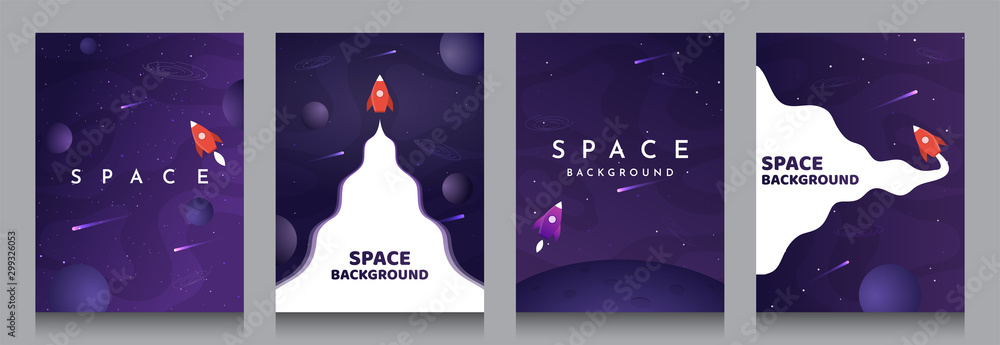 Vector illustration in abstract flat style. Minimalistic color space. Space exploration concept. A4 posters with copy space for text. Set of violet backgrounds. Creative dark wallpaper.  Modern design - obrazy, fototapety, plakaty 