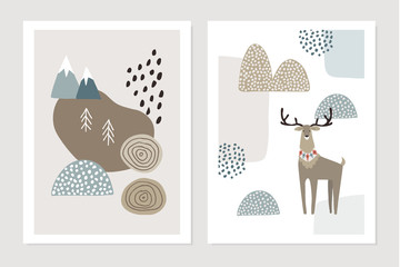 Set of Christmas Scandinavian greeting cards, invitations. Abstract winter textured landscape with reindeer, fir trees, mountains and snow. Nordic retro design. Vector illustration background.