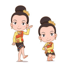 Cartoon Character Of Traditional Thai Dancer Girl. Serng Kratip Dance.