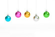 © Ongushi - Metallic colorful christmas ball Ornaments hanging on white background 3d rendering. 3d illustration minimal style christmas concept.