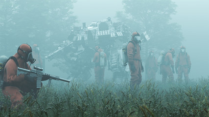 men in hazmat suits with futuristic ai battle droid cyborg mech with glowing lens standing near tree