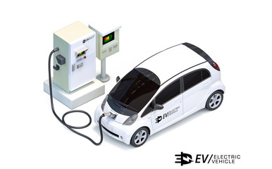 Electric car charging station, electric vehicle concept 3d rendering. 3d illustration of charging an EV electric sedan car with logo on the door with white background.