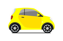 Car Sharing Logo, Vector City Micro Yellow Car. Eco Vehicle Cartoon Icon Isolated On White Background. Cartoon Vector Illustration With Urban Ecological Transport. Cute Vector Smart Car Illustration.