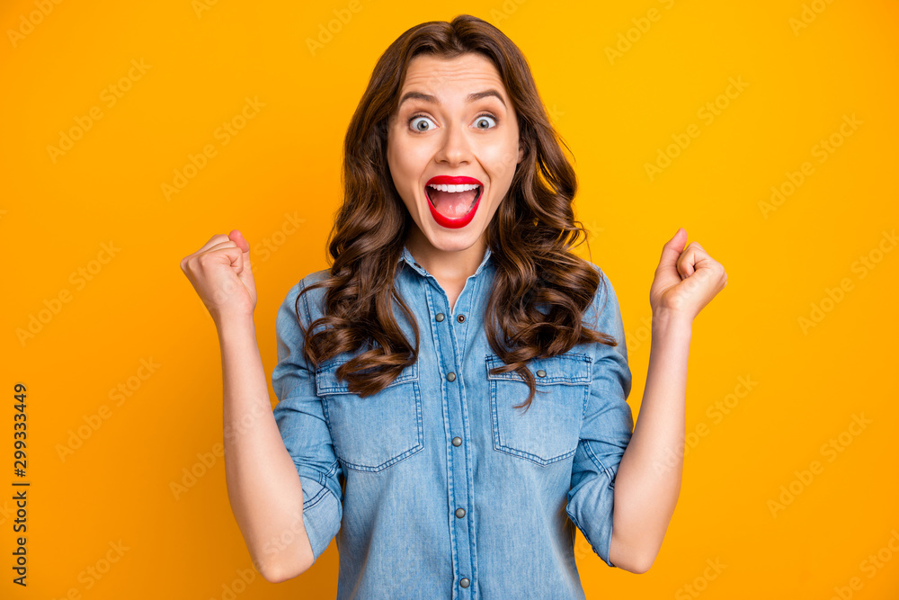 Photo of excited crazy sweet pretty cheerful gorgeous girl rejoicing with having wom jackpot with hairstyle curly wavy brunette isolated over vivid color background - obrazy, fototapety, plakaty 