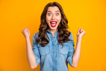Wall Mural - Photo of excited crazy sweet pretty cheerful gorgeous girl rejoicing with having wom jackpot with hairstyle curly wavy brunette isolated over vivid color background