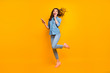 canvas print picture - Full length body size photo of cheerful crazy sweet pretty girlish feminine youngster overjoyed about having received long expected message holding phone expressing emotions isolated vivid color