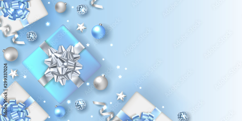 Christmas blue background with realistic gift boxes and balls. Vector ...