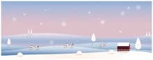 Minimal Panorama Vector Illustration Of Countryside Landscape In Winter,banner Of Cattle Farm .The Blue Coral Mountains Or Hill With Snow Fall,barn And Cow.Concept Of Minimal In The Winter.Vector