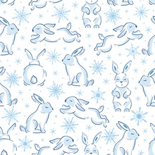 Vector Seamless Pattern With Cute Bunnies. Winter Holiday Background With Cartoon Doodle Little Rabbits. Bunny With Snowflakes Line Art. Hares And Snow Print For Christmas And New Year