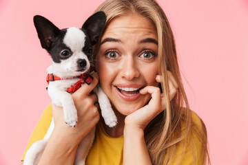 Sticker - Cute lovely girl playing with her pet chihuahua