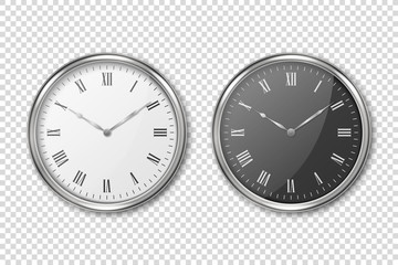 Vector 3d Realistic Classic Metal Silver Wall Office Clock Icon Set Closeup Isolated on Transparent Background. White and Black Dial with Roman Numeral. Design Template for Mockup. Front or Top View