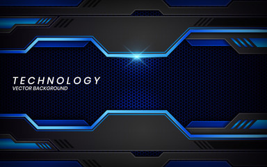 Abstract metallic black blue frame layout modern tech design template. Overlap layers 3D effect with blue light decoration.