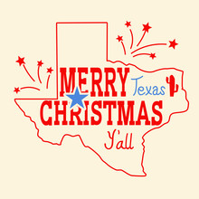 Merry Christmas Texas Greeting Card. Vector American Vintage Poster With Map Of Texas Silhouette And Holiday Text 