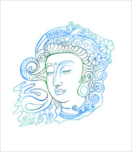 Color Illustration Of Guan Yin. Stylized Deity Guan Yin.
