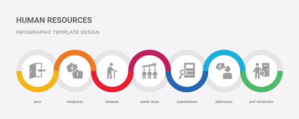 7 filled icon set with colorful infographic template included exit interview, grievance, onboarding, work team, pension, problems, quit icons