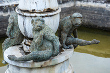 FLORENCE, TUSCANY/ITALY - OCTOBER 20 : Sculpture Of Three Monkeys On A Fountain In Boboli Gardens Florence On October 20, 2019