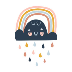 Wall Mural - Cute happy little cloud with kawaii face, colorful rainbow and droplets. Scandinavian style childish weather illustration isolated on white in vector. Nursery poster print design idea.