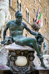 Poster - FLORENCE, TUSCANY/ITALY - OCTOBER 19 : Detail from the Fountain of Neptune statue Piazza della Signoria in front of the Palazzo Vecchio Florence on October 19, 2019