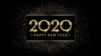 Wall Mural - Golden happy new year 2020 in square label with burst glitter on black color background