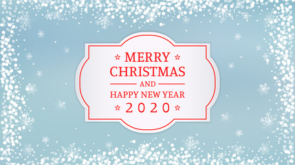 Wall Mural - merry christmas and happy new year new year 2020 label with snowflakes in vintage blue color background