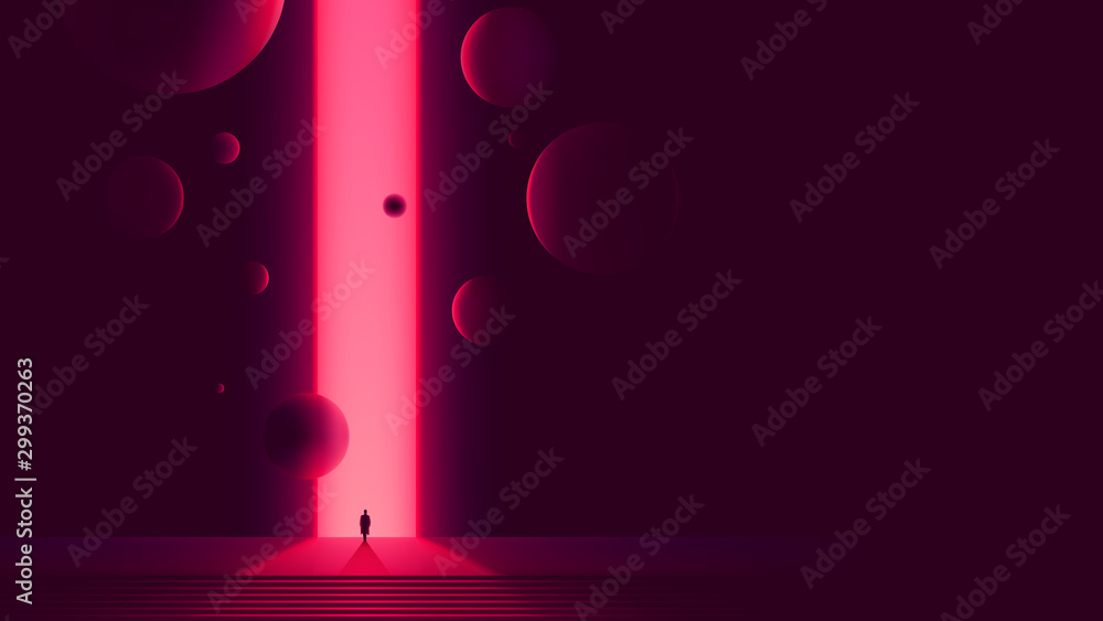 Human figure in front of portal to another dimension, space gate with a bright pink glow and flying balls, futuristic abstraction - obrazy, fototapety, plakaty 
