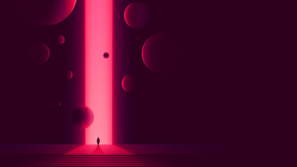 human figure in front of portal to another dimension, space gate with a bright pink glow and flying 