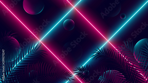 Futuristic background with bright red and blue neon rays, color reflex on balls Poster Mural XXL