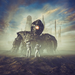 Wall Mural - Ancient guardian awakens / 3D illustration of science fiction scene showing astronauts finding giant robot in the desert outside ancient city