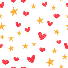 Heart And Star Doodles Seamless Pattern. Texture With Hand Drawn Hearts And Stars.