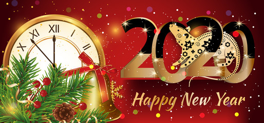 Wall Mural - Happy New Year 2020. Year of the rat. Red colorful background with golden clock and branches Christmas tree, bell and snowflakes. Vector