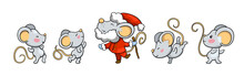 Cute Mice Dancing Around Santa Claus Mouse. 2020 Year Cartoon Vector Illustration On White Background