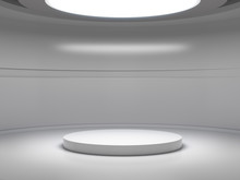 Pedestal For Display In Empty White Room With Lights From Above,product Stand With Light Glow. 3D Rendering