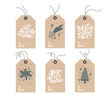 Set Of Hand Drawn Doodle Scandinavian Christmas Element Tags With Place For Text. Collection Holiday Vector Gift Tags And Bundle Decorative Hygge Xmas Elements