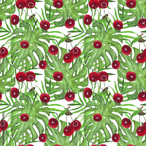 watercolor cherry, palm leaves and monstera seamless pattern. Bright summer b...