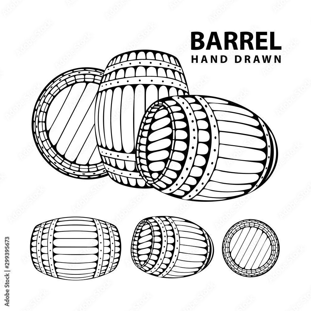 Barrel. Hand drawn barrel illustrations set in engraving style. Vintage ...