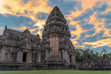 The Beautiful Stone Castle In Phimai Historical Park. Prasat Hin Phimai Ancient Khmer Temple In Nakhon Ratchasima Thailand. Phimai Stone Castle Built From Laterite Stone In Angkorian Period Arts.