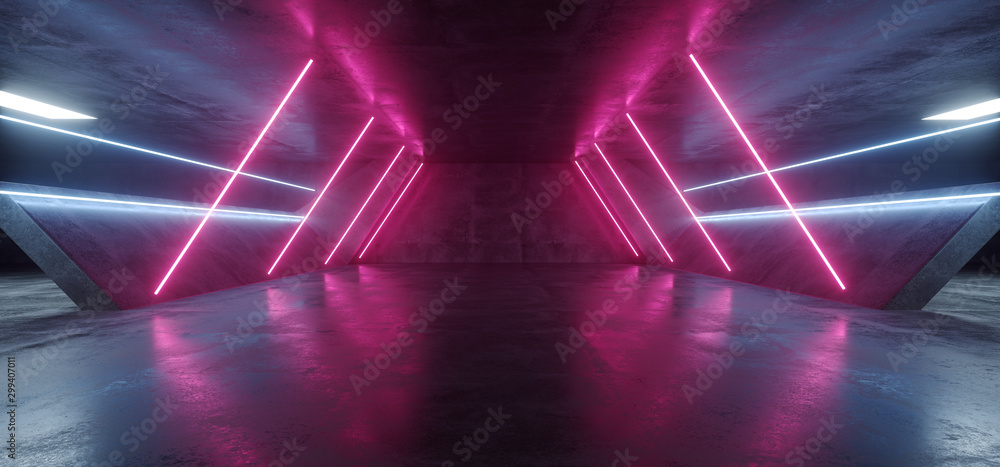 Sci Fi Futuristic Alien Tunnel Ship Corridor Underground Laser Purple Blue Neon Light Lines On Grunge Reflective Concrete Empty Space Background 3D Rendering - obrazy, fototapety, plakaty 