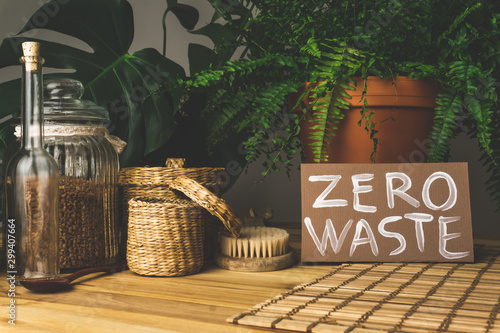 Zero waste concept. Reusable household items (cans, plates, bags). Environmental movement to reduce plastic waste