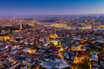 Aerial view of Istanbul city at sunrise in Turkey.