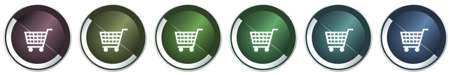 Leinwandbilder - Shopping cart icon set, colorful silver metallic chrome vector illustrations in 6 options for web design and mobile applications