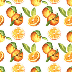 Watercolor hand painted fresh juicy orange fruit slices and flowers seamless pattern