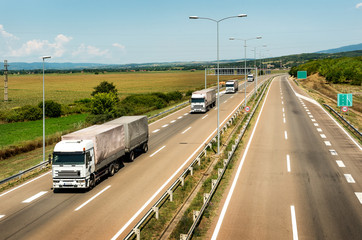 Wall Mural - White Lorry trucks in line as a caravan or convoy  on country highway under a beautiful sky