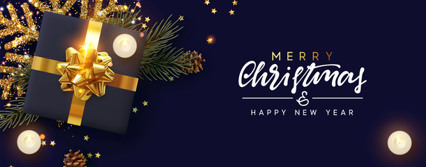 Wall Mural - merry christmas and happy new year. festive xmas background with decorative realistic design element